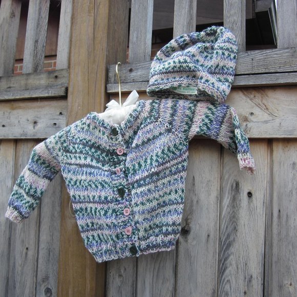Handknit baby cardigan and hat wool/cotton
